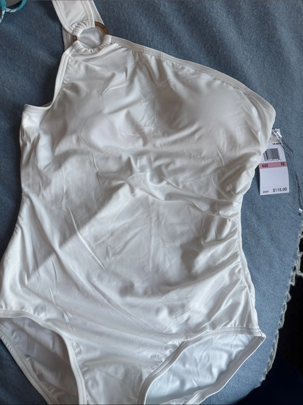 michael michael kors white one shoulder one piece swimsuit size 10 nwt